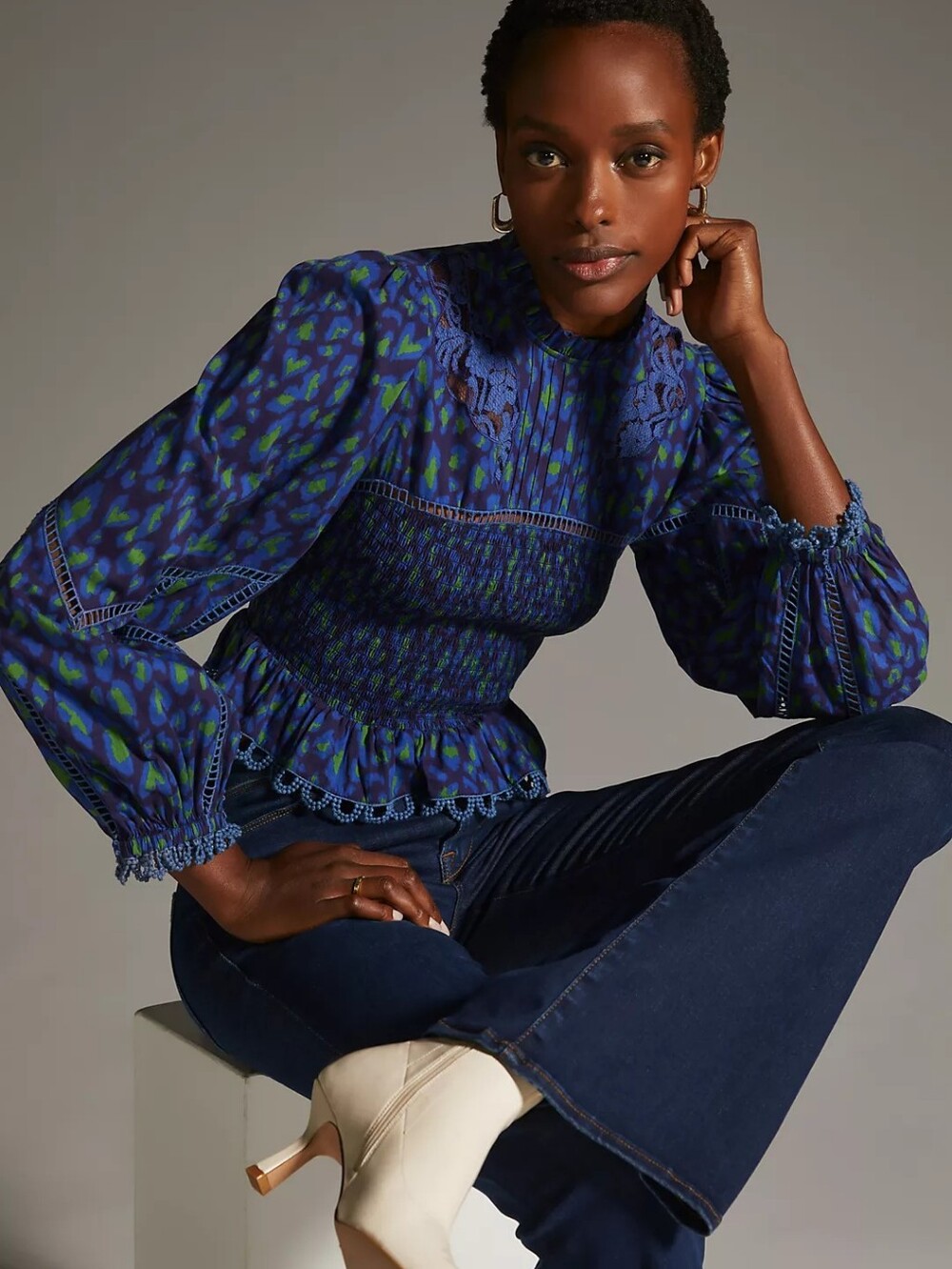 FARM Rio Blue and Green Smocked Peplum Blouse - Picture 2 of 15